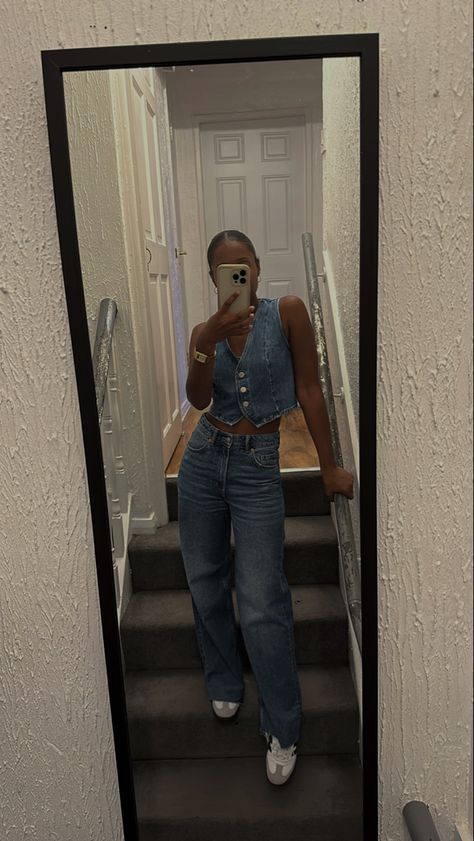 Denim waistcoat, denim trend , wide leg jeans Cropped Suit Vest Outfit, Waistcoat With Dress, Denim Vest Festival Outfit, Denim And Denim Outfit, Denim Vest And Shorts Outfit, Jeans Waistcoat Woman Outfit, Linen And Denim Outfits, Vest Outfits Denim, Black Denim Cowgirl Outfit