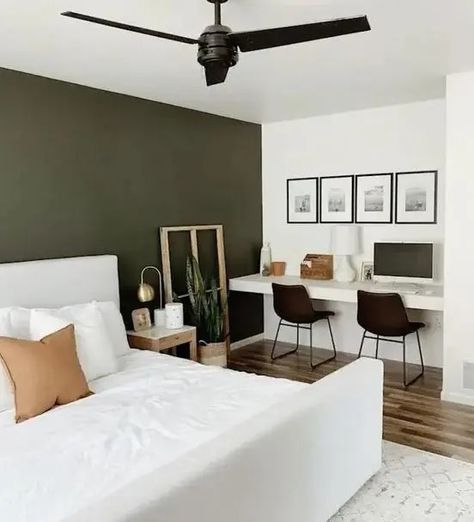 a modern bedroom with an olive green accent wall Olive Green Accent Wall, Light Green Bedrooms, Olive Green Bedrooms, Green Accent Wall, Green And White Bedroom, Masculine Bedroom Decor, Dark Green Living Room, Green Accent Walls, Sage Green Bedroom