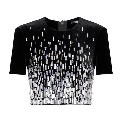 Find Balmain Embellished Crop Top on Editorialist. sequin details short-sleeved crew neck Haute Couture, Balmain Sweater, Embellished Crop Top, Balmain Clothing, Denim Flare Jeans, Multicolor Skirt, Velvet Mini Skirt, Cropped Blouse, Black Tweed