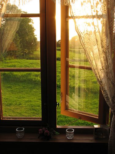 window and lace curtain and the morning sun Country Life, Looking Out The Window, Beautiful Windows, Window View, Through The Window, Open Window, Summer Sunset, Farm Life, Scandinavia