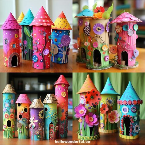 Paper Tube Fairy Houses. Recycled crafts. paper tube crafts. Fairy craft. Paper Tube Crafts, Tube Crafts, Ideas For Easter Decorations, Fairy Crafts, Ideas For Easter, Paper Roll Crafts, Crafts Paper, Crafty Kids, Camping Crafts