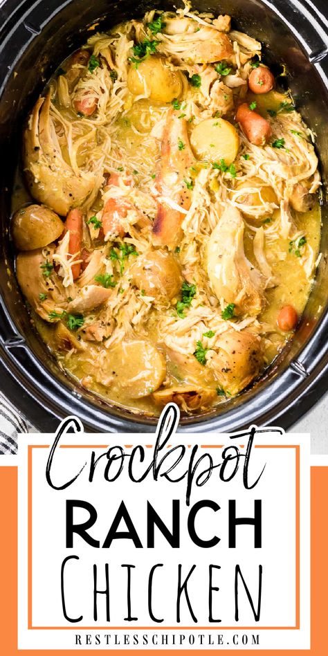 Overhead view of a crockpot with chicken, potatoes, and carrots in a rich gravy. Crockpot Recipes Ranch Chicken, Fall Crockpot Chicken Recipes, Creamy Crockpot Ranch Chicken, Weekday Dinner Ideas Crockpot, Chicken Vegetables Crockpot, Crockpot Recipes Fall Dinners, Fall Dinner Crockpot Recipes, Chicken Vegetable Crockpot Recipes, Fall Crockpot Dinner Ideas