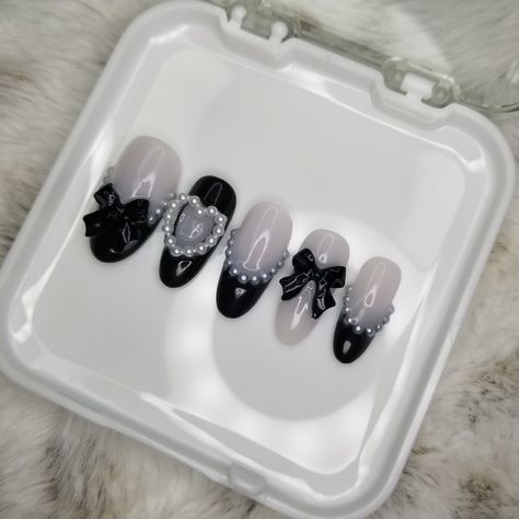 Black And White Coquette Girly Bow And Pearl Charm Press On Nails Press On Nails Instructions, Black And White Coquette, Blue Diamond Nails, Cute Black Nails, Bow Nail Designs, White Coquette, Long Black Nails, Black And White Nail Designs, Black And White Nails