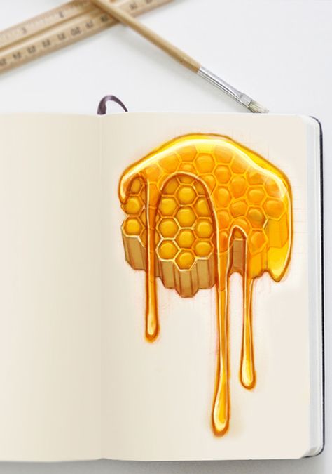 Honeycomb Dripping Honey, Honeycomb Drawing Art, Honey Dripping Drawing, Honey Art Drawings, Honeycomb Drawings, How To Draw Honey, How To Draw Honeycomb, Honey Illustration Design, Draw Honeycomb