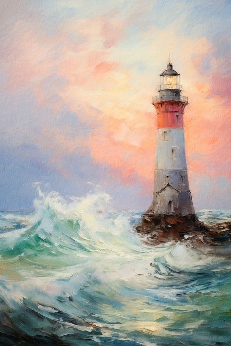 A vintage painting of a lighthouse at sunset as the waves crash into the rocks. Lighthouse On Rocks, Oil Painting Lighthouse, Lighthouse Canvas Painting, Lighthouse Painting Acrylic, Light House Art, Light House Painting, Lighthouse Watercolor Painting, Acrylic Painting Sea, Sunset Ocean Painting