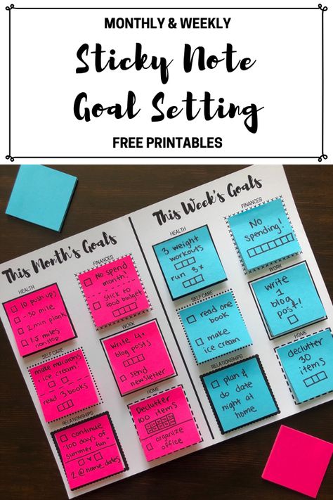 Free sticky note goal setting printables! Set yearly, monthly or weekly goals with these reusable printables! Each printable has different categories for goals including health, fitness, work, self care, relationship and home goals! #goalsetting #goalprintable #freeprintable Work Self Care, Home Goals, Planning School, Goal Setting Printable, Goals Printable, To Do Planner, Goal Board, Goal Setting Worksheet, Weekly Goals