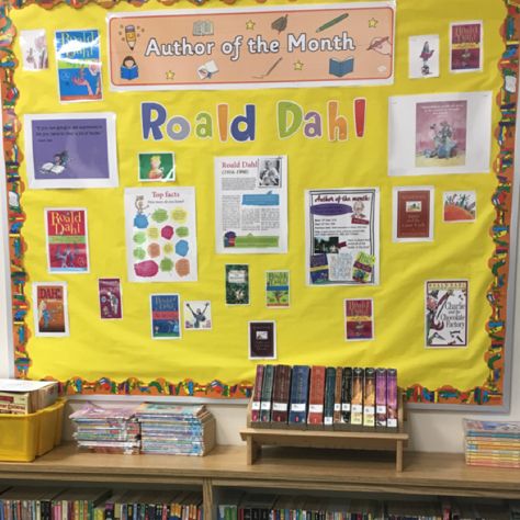 My first author of the month bulletin board. Roald Dahl Bulletin Boards, Literacy, Ronald Dahl, Author Studies, Roald Dahl, Grade 2, Bulletin Board, Gallery Wall