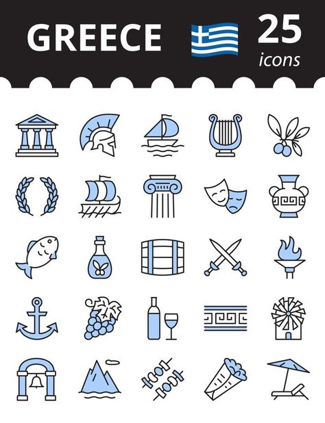 Greece related icon set. Greek symbols collection. Vector illustration. Symbols Of Greek Mythology, Greece Aesthetics Drawings, Greek Mythology Doodles, Tattoo Greek Symbol, Ancient Greece Symbols, Greece Doodles, Greek Doodles, Greek Culture Aesthetic, Greek Art Drawing