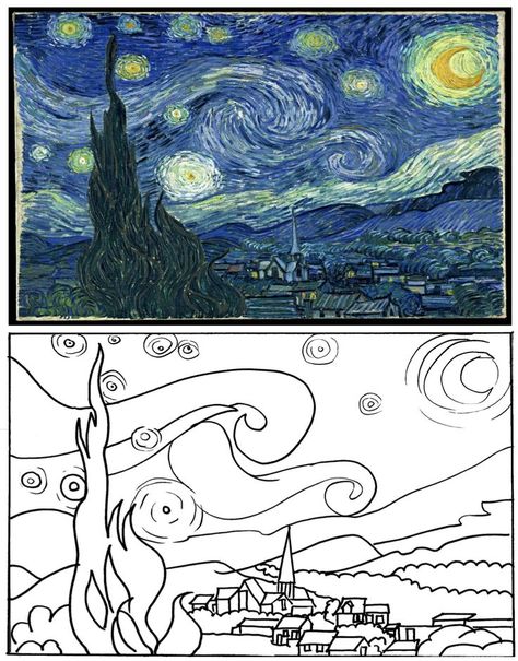 Starry Night Coloring Page, Night Coloring Pages, Lukisan Van Gogh, Van Gogh Pinturas, Starry Night Art, Arte Van Gogh, Famous Paintings, Abstract Art Painting Diy, Seni Cat Air