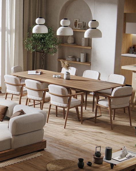 Modern Japandi Dining Room, Light Dining Chairs, Japandi Kitchen Diner, Dining Room And Living Room Together, Dining Room Design Scandinavian, Scandinavian Dinner Room, Modern Living Room And Dining Room Combo, Bar And Dining Room Combo, Japandi Dining Chairs