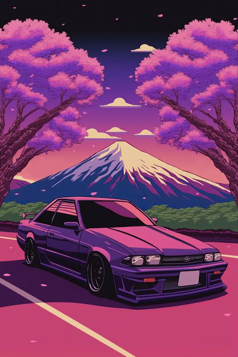 This is an eye-catching artwork created in an anime-infused retrowave style. It features a parked car located on the side of a road against the backdrop of the majestic Mount Fuji. The colors and textures evoke a feeling of nostalgia and outrun that perfectly capture the essence of this imagery. It is both calming and captivating, making it a perfect piece for anyone who loves anime and retro art. outrun, retro wave, anime aesthetic, 90s anime aesthetic, synth wave, dark synth, holographic art. 90s Anime Cars Aesthetic, Anime Art Aesthetic 90s Drawing, Anime Car Art, Love Anime Aesthetic, Retro Anime Art, Pixel Art Car, Anime Art Aesthetic 90s, Cars Artwork, Retro Drawings