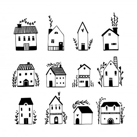 Scandinavian houses set. hand-drawn illu... | Premium Vector #Freepik #vector #house #building #line #cartoon House Drawing Ideas, Easy House Drawing, Cottage With Flowers, Bedroom Decor Inspirations, House Doodle, Scandinavian Houses, House Sketch, Black And White Sketches, Home Tattoo