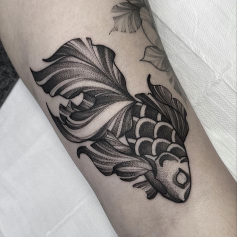 Goldfish Tattoo Black And White, Dark Fish Tattoo, Japanese Blackwork Tattoo, Samurai Tattoo Sleeve, Goldfish Tattoo, Drawing Instagram, Gangsta Tattoos, Fan Tattoo, Dibujos Tattoo