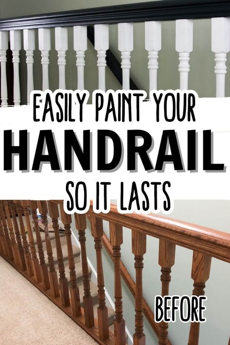 Black Stairs White Railing, How To Paint A Banister, Dark Banister White Spindles, How To Paint Railings Stairways, Black Bannister White Spindles, Painting Stairs Black And White, Black And White Staircase Railing, Stair Railing Makeover Paint, Diy Staircase Makeover Paint