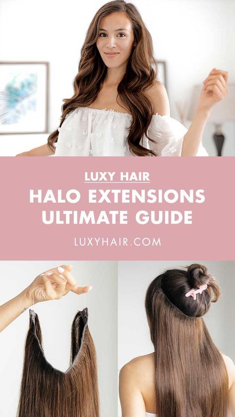 THE ULTIMATE HALO HAIR EXTENSIONS GUIDE: Luxy Hair Halo Extensions are a simple, one-step method to achieve longer, fuller hair. They’re perfect for first-time users and simple enough to apply for everyday wear in just a few minutes. Balayage, Best Halo Human Hair Extensions, Wedding Hair Extensions Before And After, Invisible Clip In Hair Extensions, How To Use Halo Hair Extensions, How To Put In Halo Hair Extensions, Best Halo Hair Extensions, How To Wear Halo Hair Extensions, Halo Hair Extensions Before And After