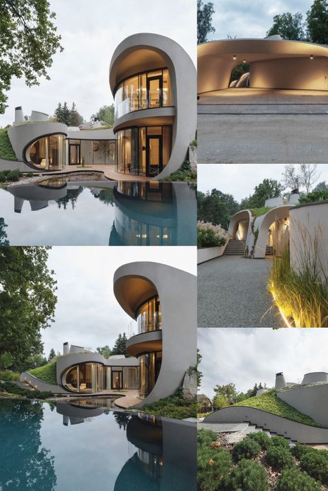 The Moscow-based architectural & Interior design firm Niko Architect has recently completed ''House in the landscape'' an organic house that located in Moscow region, Russia. #architecture #house #fashion #decor #diy #homedecor #amazingarchitecture #interiordesign #contemporanyhome #modern #residence #designer Unique House Architecture Design, Strange House Design, Organic Villa Design, Organic House Architecture, Organic Building Design, Organic Design Architecture, Unique Architecture House Interiors, Unique House Exterior Architecture, Organic House Exterior