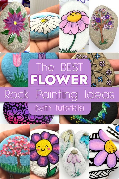 Images of flowers painted on rocks. Text reads "The best Flower Rock Painting Ideas with tutorials" Draw On Rocks Ideas, Painted Rocks Ideas Flowers, Painted Stepping Stones Ideas, Easy Flower Painting On Rocks, Flower Painting On Rocks, Painting Stepping Stones Diy, Landscape Rock Painting Ideas, Rock Art Mother’s Day, Rock Painted Flowers