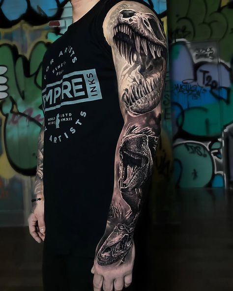 Dinosaur sleeve by Michael Perry, an artist at L.O.V.E.machine in NYC. Ethereal Back Tattoos, T Rex Tattoo Design, Jungle Tattoo Sleeve, Dinosaur Skull Tattoo, Jungle Tattoos, Jurassic Park Tattoo, T Rex Tattoo, Mangas Tattoo, Dinosaur Tattoos