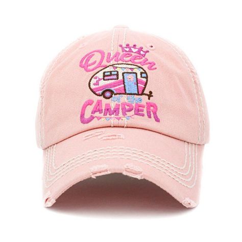 Specifications Of The Light Pink Queen Of The Camper Baseball Hat: Style: Vintage Baseball Hat | Baseball Cap Occassion: Everyday | Casual Wear Season: Summer | Winter | Fall | Spring Gender: Ladies | Women | Woman | Female Weight: 3 Oz Back: Adjustable Velcro Closure Color: Light Pink Design: Embroidery Patch | Vintage Style Slogan: Queen Of The Camper Theme: Queen | Camper Design: Camper Perfect For Boating, Swimming, Vacations, Cruises, Camping Or Just Everyday Casual Wear. Sold By Elizabeth Camper Vintage, Womens Ball Caps, Camping Hat, Vintage Baseball Hats, Pink Baseball Cap, Distressed Baseball Cap, Vintage Baseball Caps, Mom Hats, Ponytail Hat