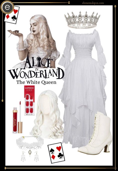 Dress Up Like The White Queen from Alice in Wonderland - Elemental Spot Alice In Wonderland The White Queen, Alice In Wonderland Costume White Queen, Alison Wonderland Costume, The White Queen Costumes, Queen Of Hearts And White Queen Costume, Costumes With White Dress, Alice In The Wonderland Costumes, White Dress Halloween Costume Ideas, White Queen Alice In Wonderland Costume