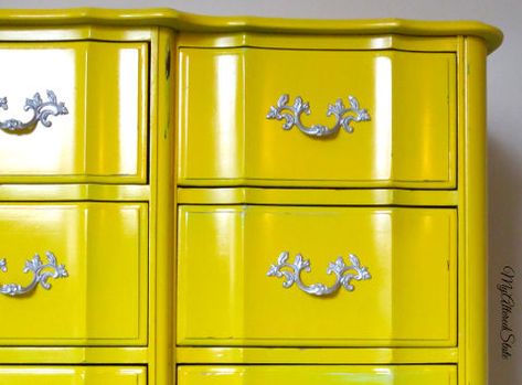 refinished french provincial high gloss furniture automotive paint, chalk paint, painted furniture, Clear Coat Yellow Painted Furniture, Yellow Dresser, High Gloss Furniture, Spray Paint Furniture, Dark Wood Table, Refinishing Furniture Diy, High Gloss Paint, Automotive Paint, Gloss Paint