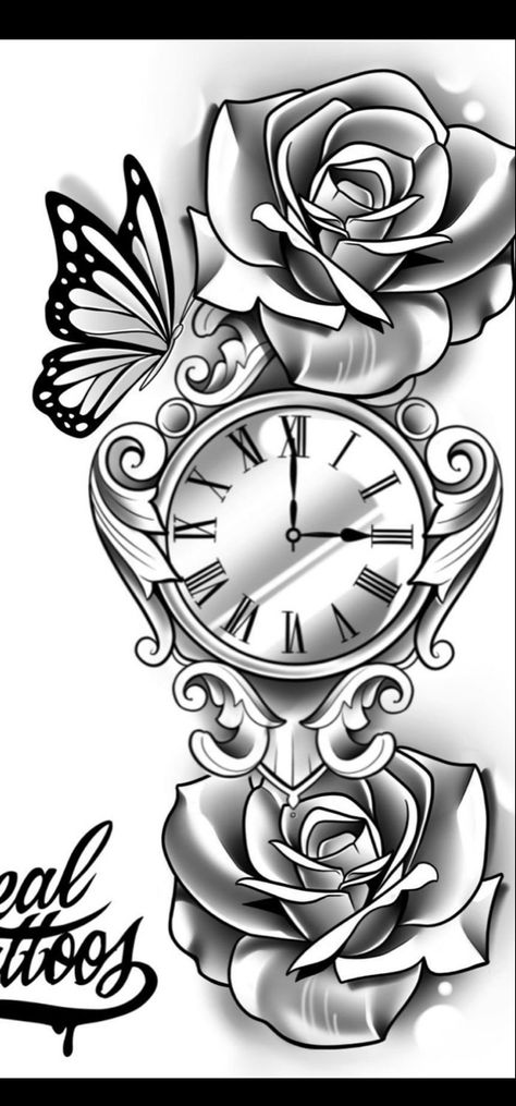 Arm Sleeve Tattoos Drawings, Sketch Tattoo Design Woman, Rose Clock And Butterfly Tattoo, Shading In Tattoos, Roses And Clock Tattoo For Women, Women Tattoos Arm Sleeve, Flower Tattoo Add On, Mommy Tattoo Ideas, Meaningful Cover Up Tattoos