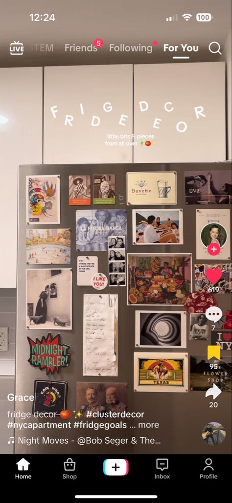 Idea of fridge decor from tiktok Diy Fridge Decor, Fridge With Pictures On It, Fridge Door Aesthetic, Roommate Fridge Organization, Polaroid On Fridge, Decorated Fridge Aesthetic, Magnets On Fridge Aesthetic, Maximalist Fridge, Fridge Gallery Wall