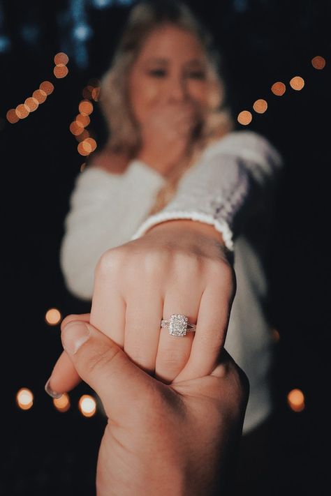 Gorgeous Engagement Ring on How They Asked by The Knot Dinner Table Setup, Engagement Ring Cushion Cut, Halo Round Engagement Ring, Top 10 Engagement Rings, Stylish Engagement Rings, Engagement Ring Cushion, Best Wedding Proposals, Cushion Cut Diamond Engagement Ring, Couple Engagement Pictures