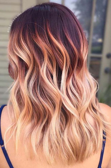 Burgundy Balayage Blonde, Fall Hair Colors For Light Brown Hair, Blonde And Red Balayage On Brown Hair, Hair Color Ideas For Long Brown Hair, Natural Red Hair Ombre, Burgundy Bayalage Hair, Hair Color Ideas For Long Hair, Ombre Fall Hair Color, Burgundy Hair With Blonde