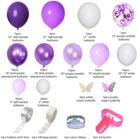 "🎈Purple Balloon Garland Kit: 5pcs 12\" purple confetti balloons, 15pcs 12\" dark purple/light purple/white balloons, 40pcs 10\" pearlescent dark purple/pearlescent light purple/pastel purple/white balloons, 10pcs 10'' purple metallic balloons, 40pcs 5\" light purple/white balloons, 10pcs paper butterfly (5 purple, 5 white), 1pcs tying tool, 1pcs silver ribbon, 1pcs 100 glue points, 1pcs balloon arch strip, everything you need in one kit. 🎈Have A Noble Party Look: Using the elegant white purpl Purple Balloons Garland, Purple Bachelorette Party, Purple Baby Shower Decorations, Purple Balloon Garland, Purple Party Decorations, Purple Balloon, Purple Birthday Party, Purple Wedding Decorations, Butterfly Balloons