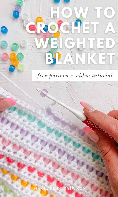 Have you ever wondered how to crochet a weighted blanket? Then this free crochet blanket pattern is for you! In this advanced beginner pattern from Make and Do Crew, you'll learn how to make a weighted blanket with pony beads. This heavy blanket is the perfect pattern for learning new crochet techniques, like how to add beads to crochet without pre-stringing. Visit our blog for the free blanket pattern, video tutorial, and photo tutorial. | Crochet for Home Beaded Blanket Stitch Tutorial, Amigurumi Patterns, Weighted Crochet Blanket With Beads, Crochet Weighted Blanket With Beads, Cute Quick Crochet Projects, Weighted Blanket Pattern, Quick Crochet Baby Blanket Free Pattern, Crochet Weighted Blanket, Quick Crochet Baby Blanket