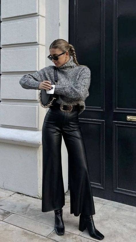 Madrid Outfits, Alledaagse Outfits, Leather Pants Outfit, Winter Fashion Outfits Casual, Cold Outfits, Outfit Chic, Black Leather Pants, Ținută Casual, Outfits Otoño