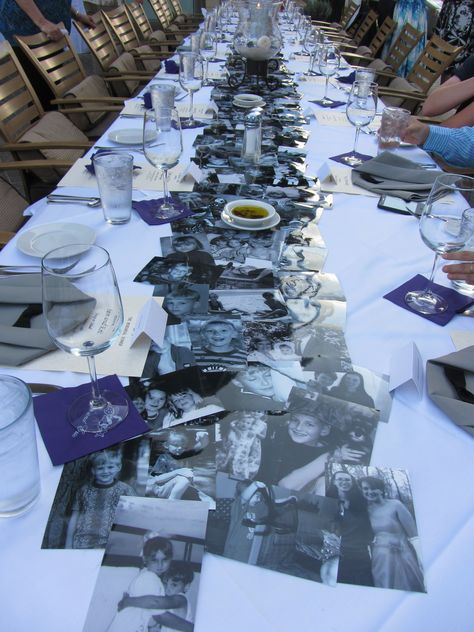 Photo runner Using Photos To Decorate A Party, Rehearsal Dinner Picture Table, Photos On Table Decor, Anniversary Dinner For Parents, Photo Runner Table, Memory Table Runner, Party Memory Ideas, Funeral Dinner Table Decorations, Picture Table Runner