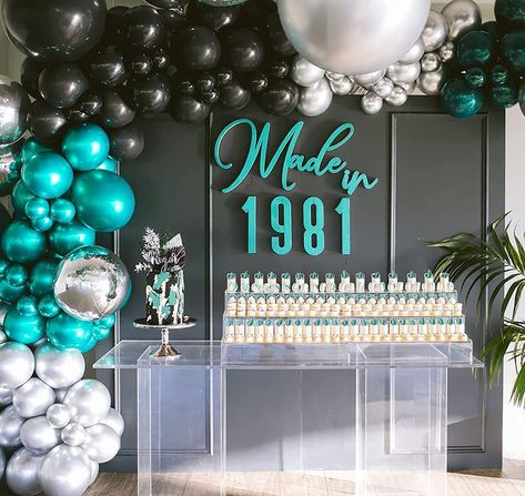 "👌🎈THROW THE MOST AMAZING PARTYSilver, emerald and teal,black combined to create this luxurious display. It would look absolutely gorgeous in adult birthday and Engagement party. 👌🎈Different Size All In One an assortment of 18\"/10\" /5\" latex balloons in Eucalyptus, White Sand, Mocha, Chocolate and Chrome Gold.and a plastic decorator strip and balloon glue dots. Package will arrive uninflated.ll you need to have is your own balloon hand pump. There is not leaves, flowers or any other decor Black And Teal Birthday Party Ideas, Black And Teal Decorations Party, Teal Balloon Decorations, Teal And Silver Party Decorations, Teal Black And Silver Party Decorations, Teal Birthday Decorations, Teal Balloon Garland, Teal Party Decorations, Teal Balloons