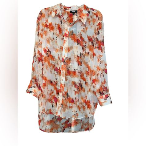 Add A Pop Of Color To Your Wardrobe With This Dkny Women's Shirt In M Size. The Cream And Orange Chiffon Fabric Creates A Relaxed Fit, Perfect For All Occasions. The Collared Neckline And Button Closure Provide A Classic Touch, While The Long Sleeves Make It Suitable For Cooler Summer, Fall, And Spring Seasons. This Blouse Is Machine Washable For Easy Care And Made Of Polyester Material. The Multicolor Design Is Perfect For Those Who Love To Mix And Match Their Outfits. This Tunic Style Shirt Is A Great Addition To Any Wardrobe. Approximately 34” Long ( Back) 29” ( Front) 25” Pit To Pit Cream, Orange Chiffon, Orange Shirt, Tunic Style, Women's Shirt, The Cream, Style Shirt, Summer Fall, Chiffon Fabric