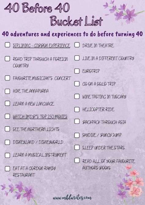 40 Before Turning 40 - Free Printable Bucket List - 40 Before 40 - 30 Years Old. A list of 40 adventures and life experiences to have and do before turning 40. travel bucket list. life bucket list. things to do 40 before 40 list. ideas 40 before 40 template. list things to do 40 before 40. Bullet Journal 40 before 40. #40before40 #bucketlist #thingstodo Organisation, 40 Before 40 Bucket List, Before 40 Bucket List, Turning 40 Bucket List, 40 Before 40, Before Turning 40, Life Bucket List, Free Printable Bucket List, Before 40