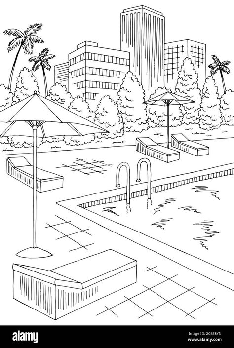 Download this stock vector: Swimming pool big hotel graphic black white vertical landscape sketch illustration vector - 2CB38YN from Alamy's library of millions of high resolution stock photos, illustrations and vectors. Croquis, Hotel Drawing Illustration, Swimming Sketch, Pool Sketch, Hotel Sketch, Easy House Drawing, Swimming Pool Drawing, Pool Changing Room, Pool Tattoo