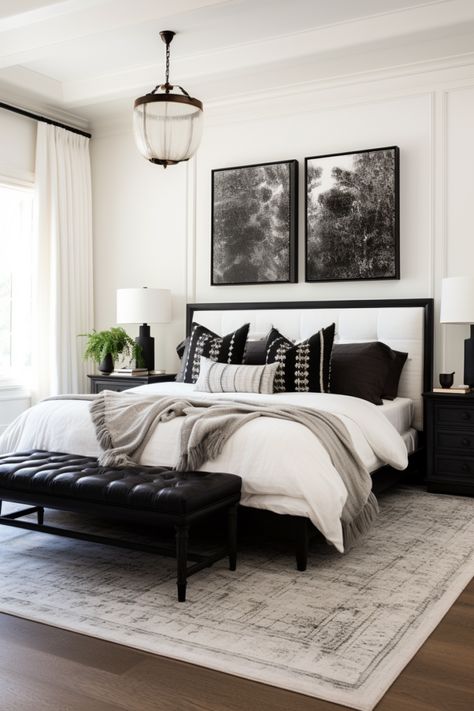 100+ Classic Black and White Bedroom Ideas First Bachelor Apartment, Black Furniture Room Ideas, Black Furniture White Walls, Large Master Bedrooms Decor, Monochrome Furniture, Scale Aesthetic, Black White And Grey Bedroom, Monochromatic Bedroom, Scale Decor