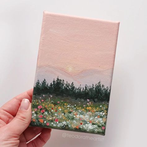 Spring = more colors 🌸⁠ ⁠ I couldn't resist painting a mini landscape with the vibrant colors of this season🌷⁠Swipe to see more photos and let me know what you think🌷🤗⁠ ⁠ the original painting is available for purchase on Etsy ✨ ⁠ ⁠ and in case you want to watch the steps of painting this mini landscape, there's a video on my YT channel ✨ link in my bio⁠ .⁠ .⁠ .⁠ .⁠ #minicanvas #minicanvaspainting #acrylicpaintingartist #acrylicpaintings #artistsonig #artstudio #artstudiolife #minipainting ... Four Small Canvas Paintings, Painting Ideas For Tiny Canvas, Painting Inspo Easy Acrylic, Mini Canvas Art Landscape, Mini Canvas Collage, Tiny Things To Paint, Mini Painted Canvas, Horizontal Painting Ideas Easy, Cute Small Painting Ideas
