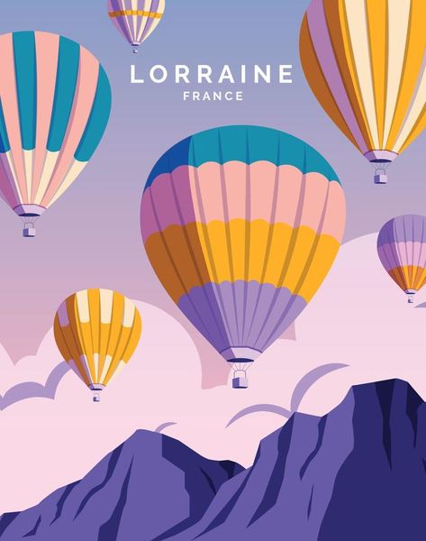 hot air balloon festival in lorraine france. travel landscape illustration background for poster, postcard, art print Hot Air Balloon Graphic, Hot Air Balloon Collage, Hot Air Balloon Wall Art, Hot Air Balloon Graphic Design, Hot Air Balloon Print, Hot Air Balloon Mural, Illustrative Website, Hot Air Balloon Aesthetic, Travelling Illustration