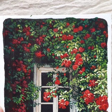 Red Gouache Painting, Window Gouache Painting, Gouache Architecture Painting, Gouche Flower, Garden Aesthetic Painting, Gouache Garden, Flower Window Painting, Red Aesthetic Painting, Gouache Rose