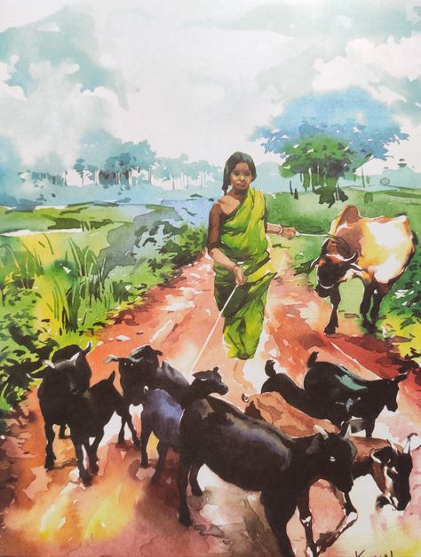 Farmer Watercolor Paintings, Indian Farmer Painting, Watercolour Composition Painting, Watercolor Paintings Indian, Watercolor Composition Paintings, Village Painting Indian Landscape, Composition Painting Watercolour, Indian Village Art Paintings, Village Painting Indian