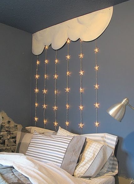 this cloud and star lights night light would be a fabulous backdrop for an "Up" or "Starry Night" candy buffet   this site has a lot of cute DIY with light s Kid Spaces, Brick Bedroom, Unique Headboards, Diy String Lights, Funky Junk Interiors, Room Tour, Diy Lighting, Kids' Room, Boy's Room