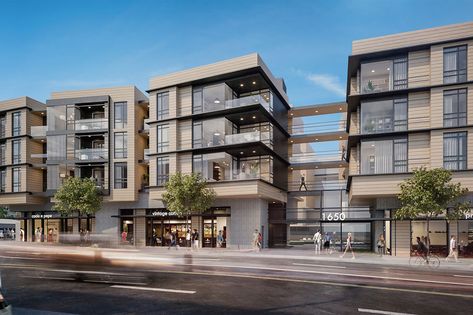 Santa Monica five-story mixed-use development has a new look - Curbed LA Apartment Building Exterior, Modern Exterior Design, Condominium Architecture, Residential Architecture Apartment, Apartments Exterior, Apartment Exterior, Residential Building Design, New Architecture, Mix Use Building