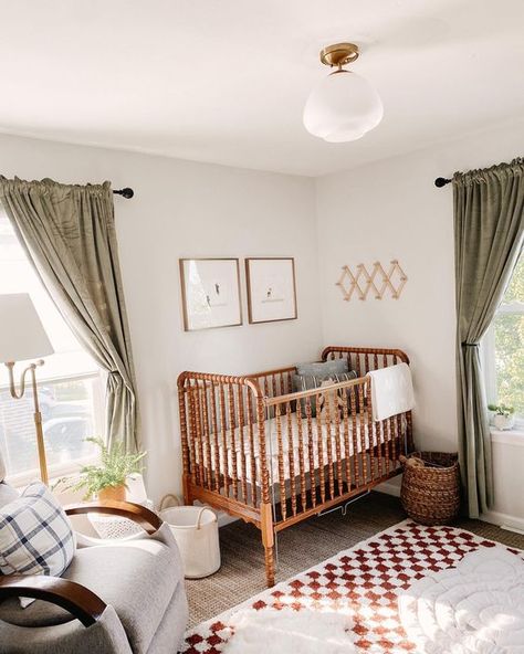 Honey Oak Nursery, Mix Match Nursery Furniture, Nursery When You Dont Know The Gender, Nursery Ceiling Light Fixture, Nuetral Baby Nursery Ideas, Wooden Nursery Furniture, Light Cottage Core Aesthetic, Nursery With Windows On Two Walls, Nursery With Wood Floors