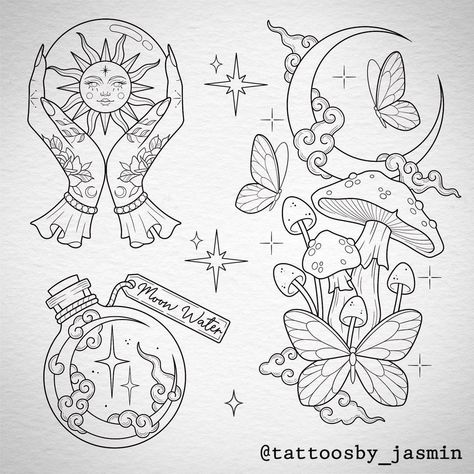 All SOLD 🖤 . . . . . . . . . . #tattoo #design #flash #crystalball #mushrooms #butterflies #moon #sun #potion | Instagram Sun Potion, Mushroom Tattoos, Witch Tattoo, Flash Tattoo Designs, Tattoo Design Book, Tattoo Portfolio, Tattoo Art Drawings, Moon Sun, Tattoo Outline