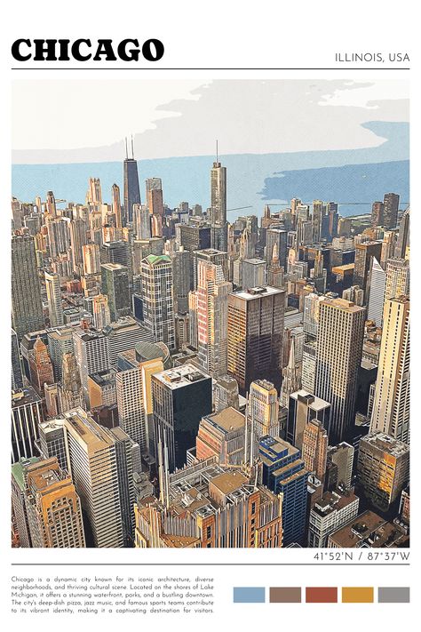 Chicago Wallpaper Aesthetic, Chicago Watercolor, Chicago Map Poster, Chicago Living, Chicago Aesthetic, Retro City, Chicago Wall Art, Printable Wall Collage, Chicago Print