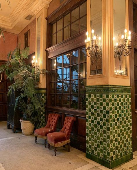 1930s Hotel Aesthetic, 70s Hotel Lobby, 1920s Hotel Room, Victorian Hotel Exterior, 1920s Hotel Aesthetic, Retro Hotel Aesthetic, Old Hotel Aesthetic, Vintage Hotel Lobby, Vintage Hotel Aesthetic