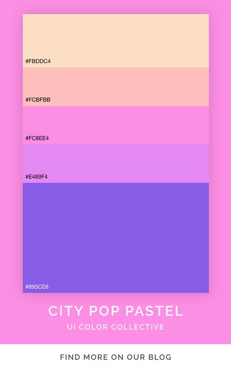 pastel color palette inspired by soft pastel city pop artworks and designs. find more color palettes like this on the UI Color Collective blog. Color Palette Funk, Pop Up Color Palette, Lo Fi Color Palette, Hyper Pop Color Palette, Cool Pastel Color Palette, City Pop Color Palette, 90s Anime Color Palette, Vaporwave Palette, Japan Color Palette