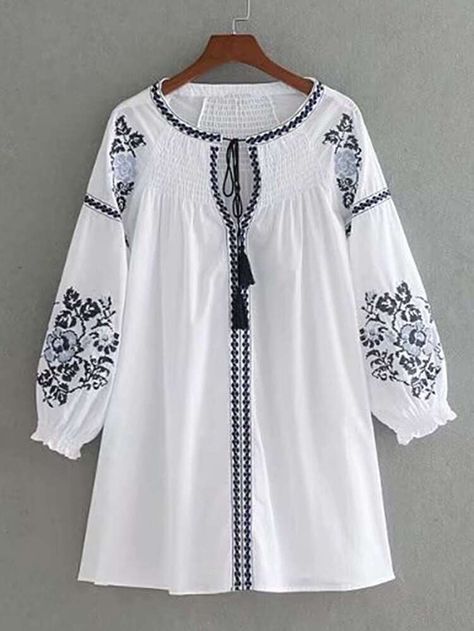Free Returns ✓ Free Shipping On Orders $49+ ✓. Flower Embroidery Tassel Tie Dress- Dresses at SHEIN. White Dresses Classy, White Dress Fall, Romwe Dress, Kurti Styles, Dresses Casual Boho, Vintage Dresses Casual, White Lace Shorts, Fancy Kurti, Dress Embroidery